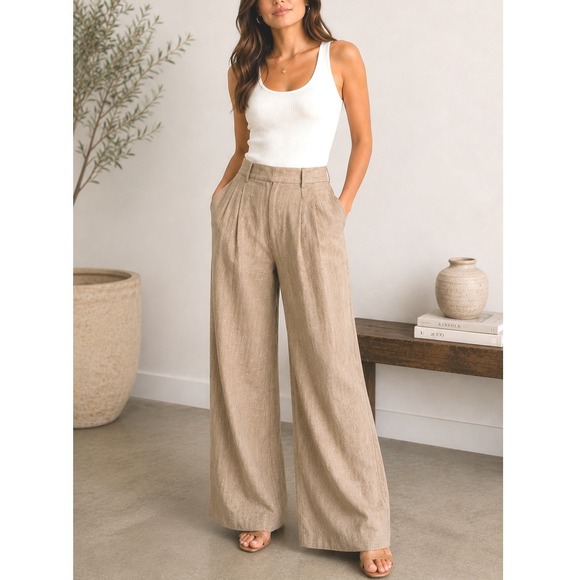 Zara Pants - Zara Tan Khaki Linen Blend Wide Leg Pleated High Waisted Trousers Pants NWT